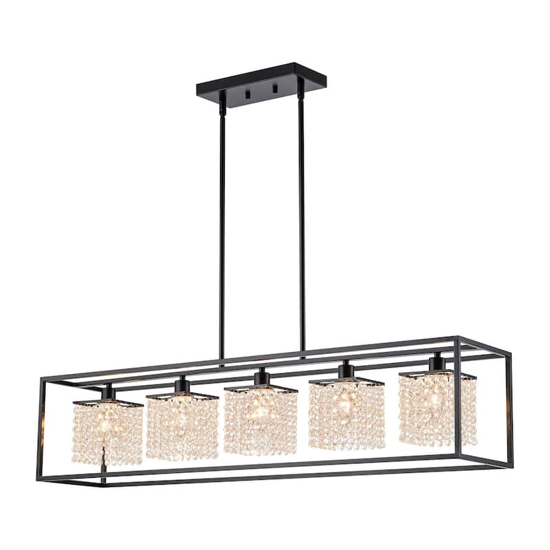 5-Light Modern Black Glam Rectangular Island Large Crystal Chandelier - 39.37 in. W x 8.66 in. D x 8.66 in. H