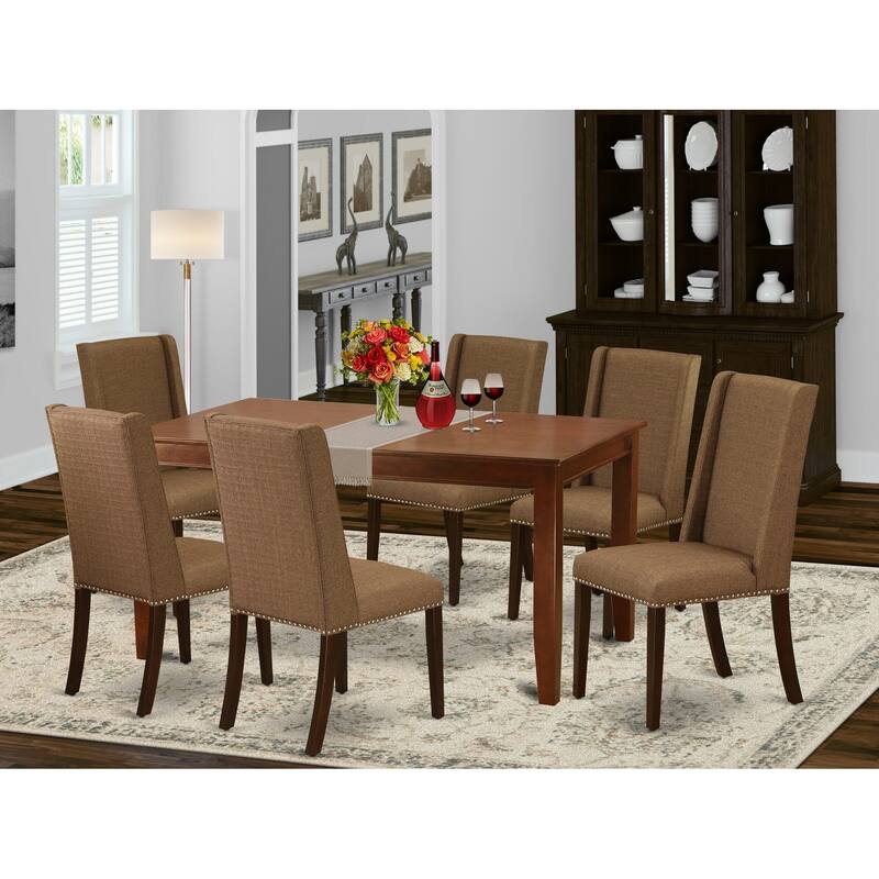 East West Furniture 7 Piece Dinette Set- a Rectangle Dining Room Table and 6 Linen Fabric Parson Chairs, (Finish Option) - DUFL7-MAH-18