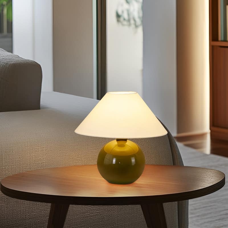 Brightech Fiona LED Olive Green Ceramic Midcentury Round Globe Bedside Nightstand Desk Lamp with Cream Cotton Empire Shade