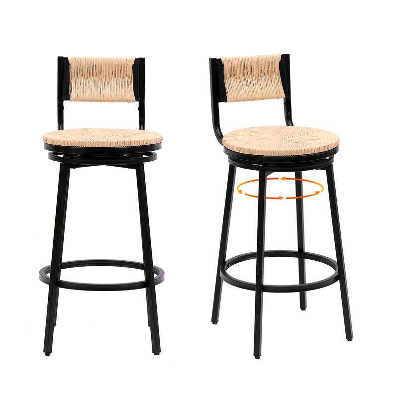 Modern Bar Stools Swivel Counter Chairs with Metal Frame Set of 2 Hand Woven Paper Rope Dining Barstools for Kitchen Counter