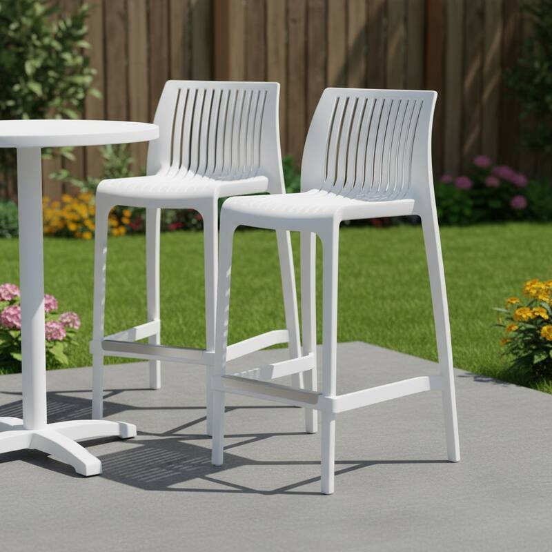 HomeRoots Set of Two 26" White Heavy Duty Plastic Low Back Outdoor Counter Height Bar Chairs