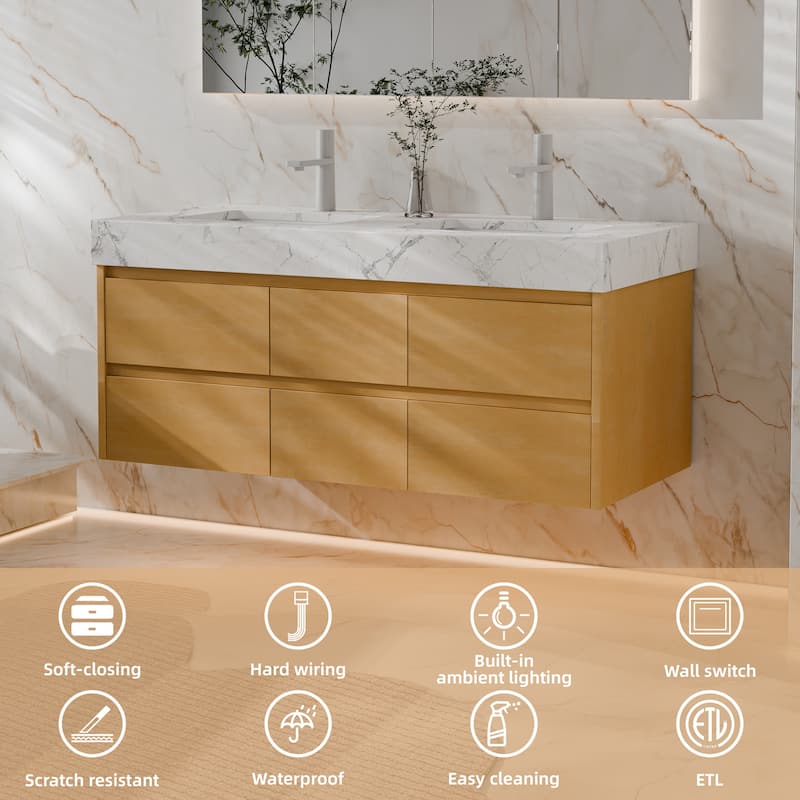 Modland 48" Wall-Mount Double Vanity with LED Lights & 6 Soft-Close Drawers - Engineered Stone Top, Maple Finish - 48 inch