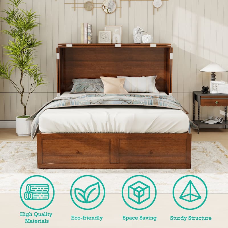 Solid Wood Murphy Bed Full Size with Storage | Space Saving Walnut Cabinet Bed with Easy Pull-Out Mechanism for Bedroom