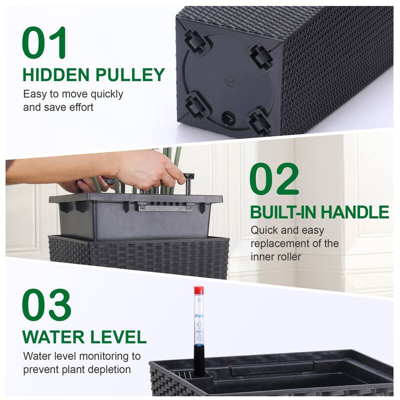 22.5 in Tall Planter Set of 2 Large Rattan Flower Pot with 2 Trays and a Water Level Monitor and Wheels Black