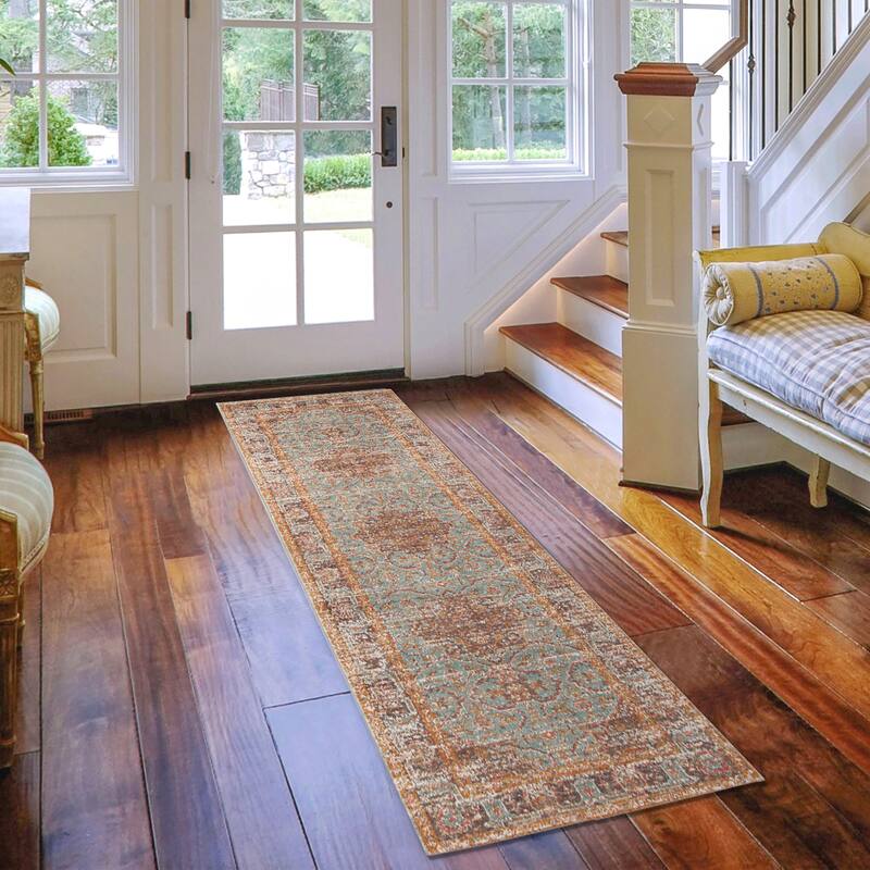 Ethereal Funi Vintage Bordered Sea Green Area Rug - 2'7" x 7'6" - Sea Green