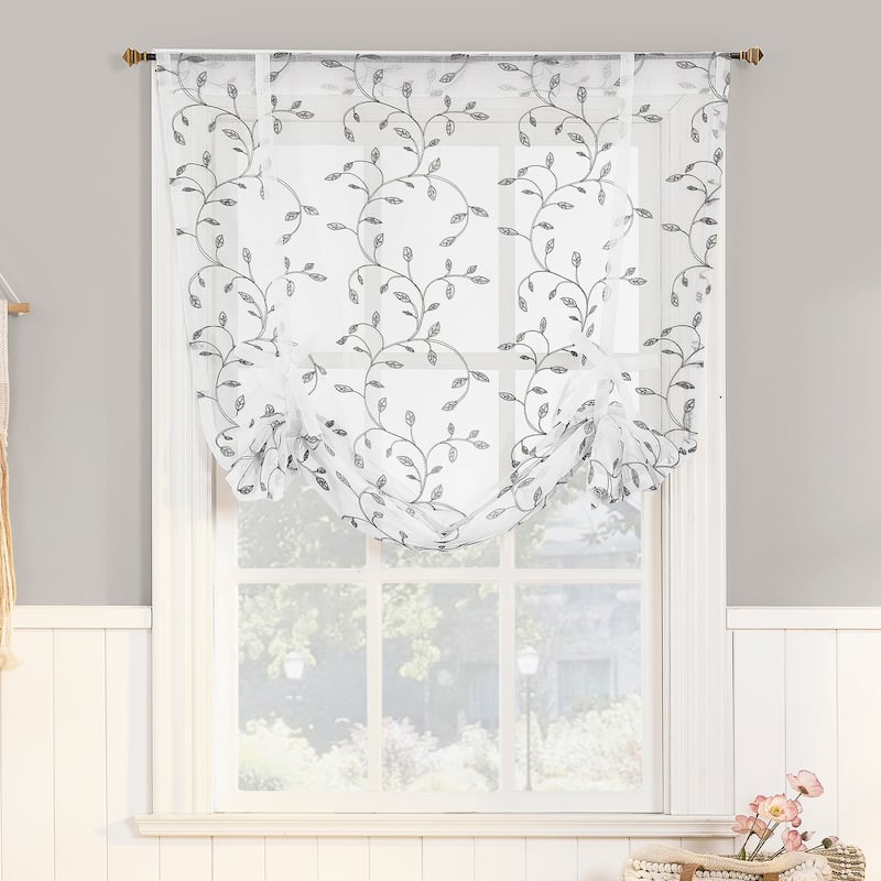 No. 918 Francine Embroidered Foliage Semi-Sheer Rod Pocket 1-Piece Window Tie-up Shade - 42" x 63" - 42" x 63" - White / Grey