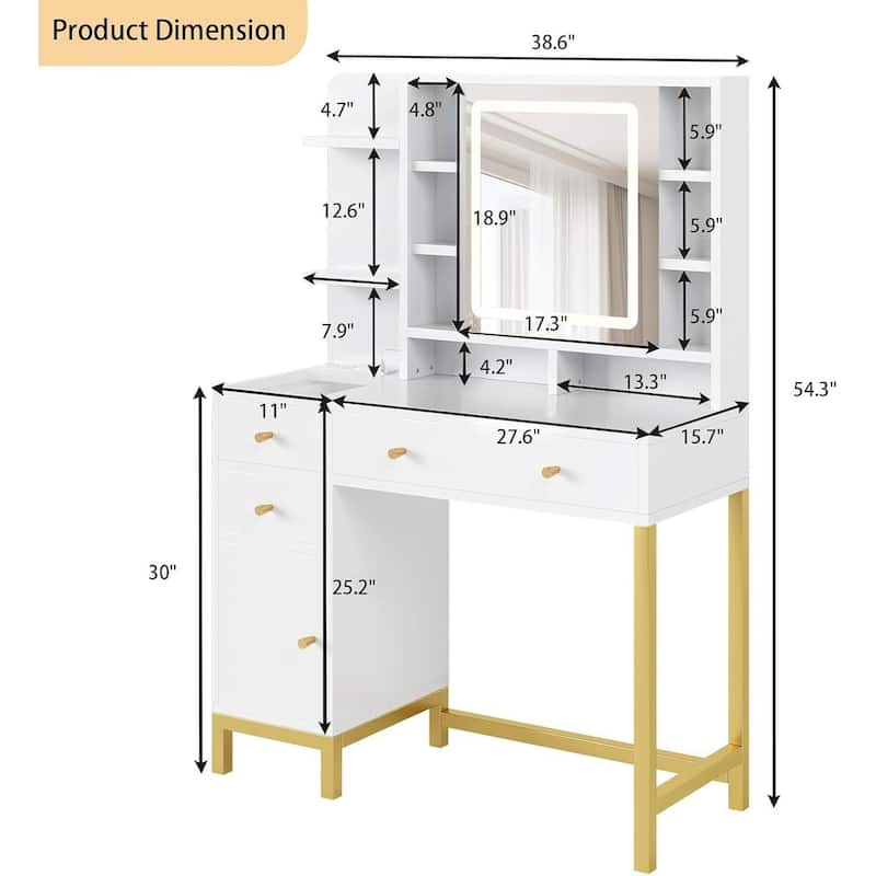 Makeup Desk Dressing Table with LED Lighted Mirror, Power Outlet