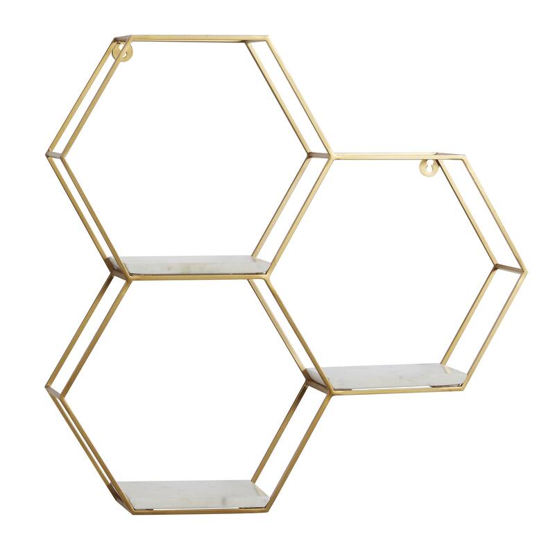 Metal Geometric Hexagon Wall Shelf with 3 Marble Shelves - Gold or Silver - Roche River Decor - Gold - 24"W, 24"H