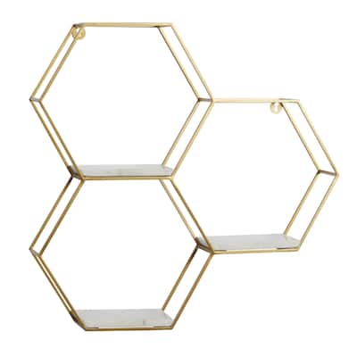 Metal Geometric Hexagon Wall Shelf with 3 Marble Shelves - Gold or Silver - Roche River Decor