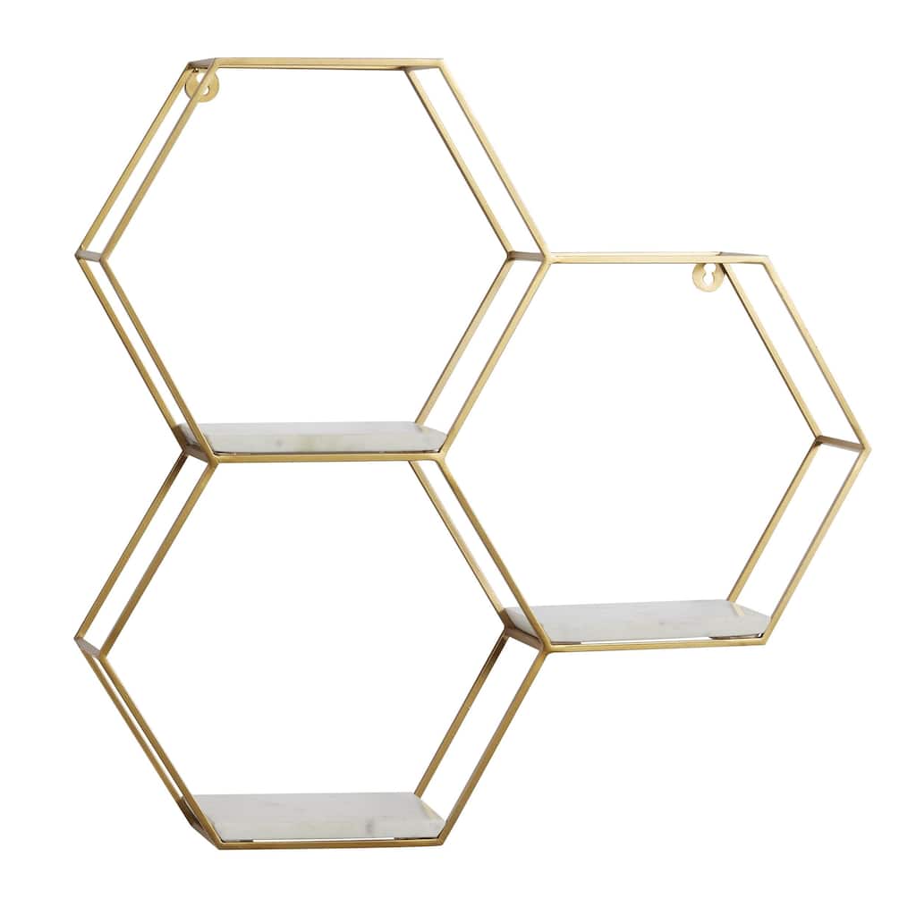 Metal Geometric Hexagon Wall Shelf with 3 Marble Shelves - Gold or Silver - Roche River Decor