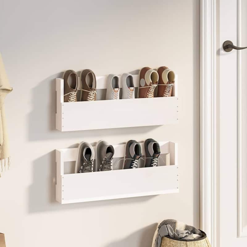 vidaXL Wall-mounted Shoe Rack Set of 2 White Solid Pine Wood - 3.5 x 23.2 x 9.1 in