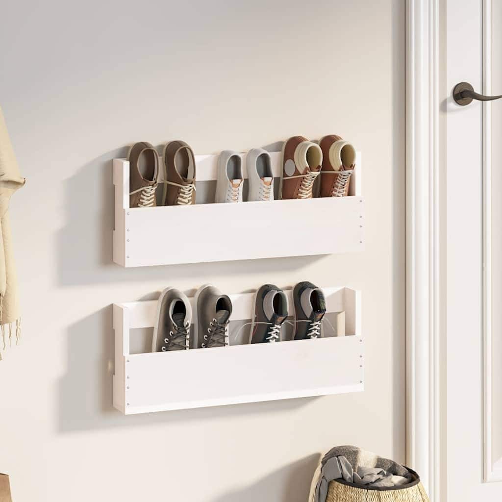 vidaXL Wall-mounted Shoe Rack Set of 2 White Solid Pine Wood - 3.5 x 23.2 x 9.1 in