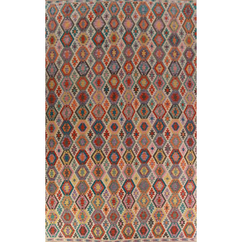 Geometric Kilim Oriental Large Rug Flatweave Bedroom Wool Carpet - 10'3"x 15'11"