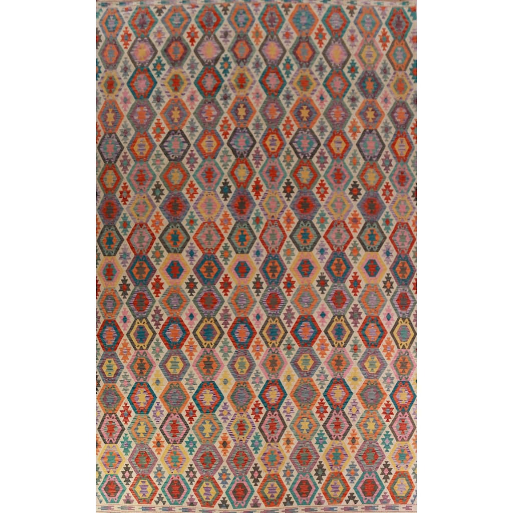 Geometric Kilim Oriental Large Rug Flatweave Bedroom Wool Carpet - 10'3"x 15'11"