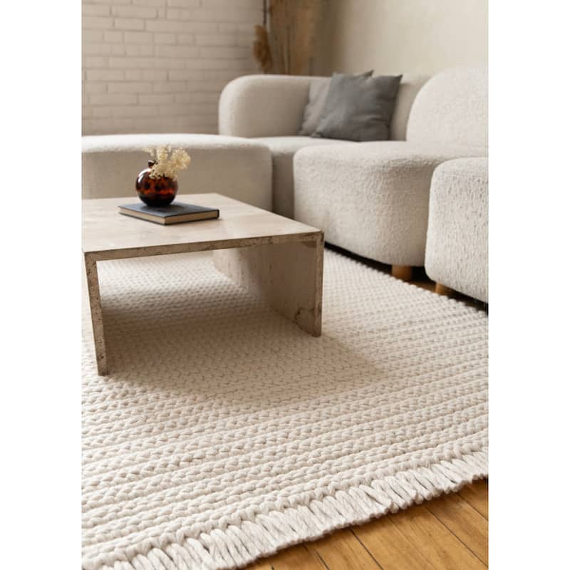 White Knotted Design Wool Handmade Rug