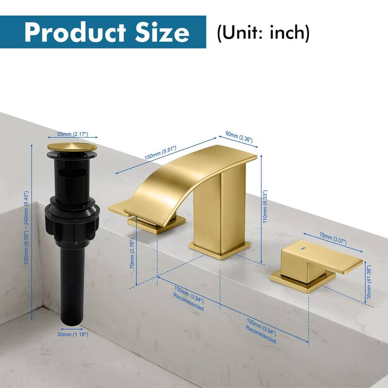 8 Inch Widespread Waterfall Bathroom Faucet with Pop-up Drain Kit Modern Double Handle Bathroom Sink Basin Vanity Faucet 3 Holes