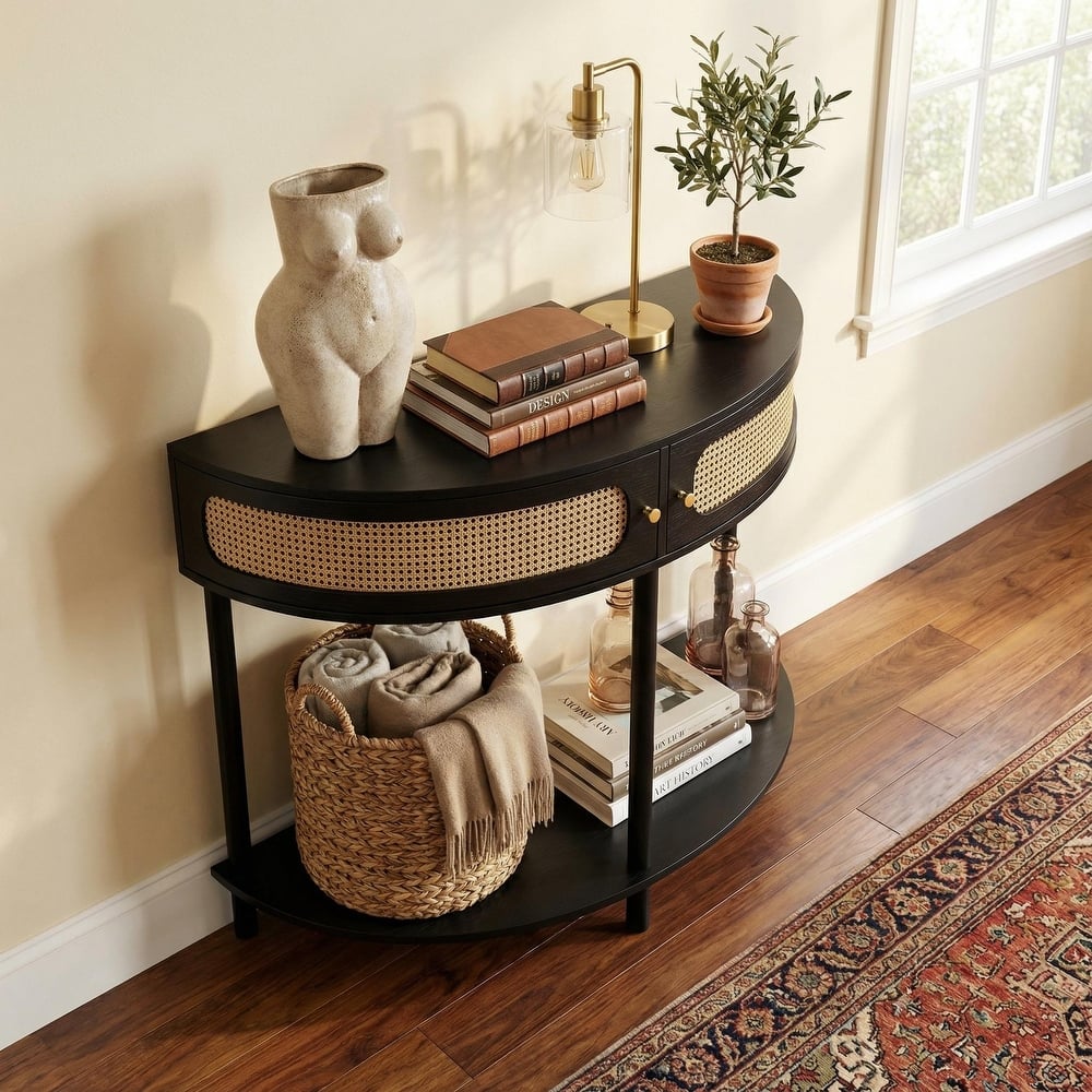 Homy Casa 31.5" Demi-Lune Console Table with 2 Drawers & Shelf, Wave-Pattern Front, Solid Wood Legs, Multiple Colors