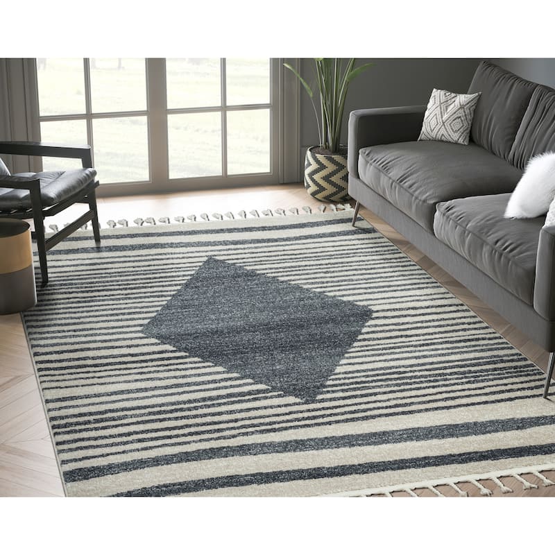 Abani Tulum TUL100A Transitional Cream and Charcoal Striped Area Rug - 7'9" x 10'2" - Cream