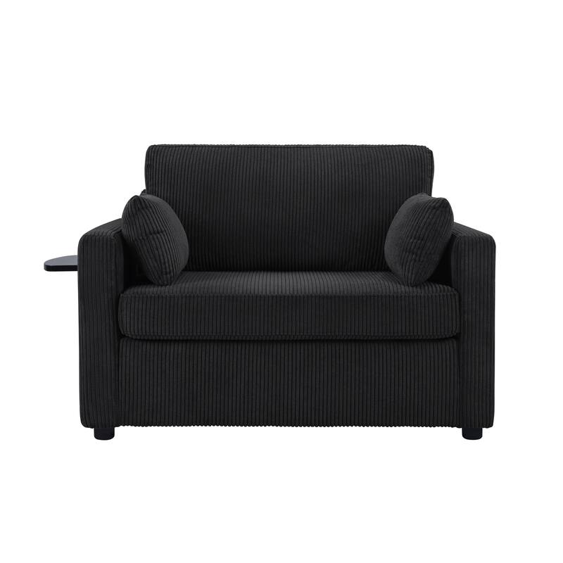 Twin Size Convertible Sleeper Sofa with Foldable Table, USB Ports and Lumbar Pillows, Black Corduroy