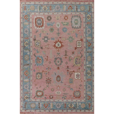Pink Floral Oushak Oriental Large Area Rug Hand-Knotted Wool Carpet - 9'6" x 14'1"