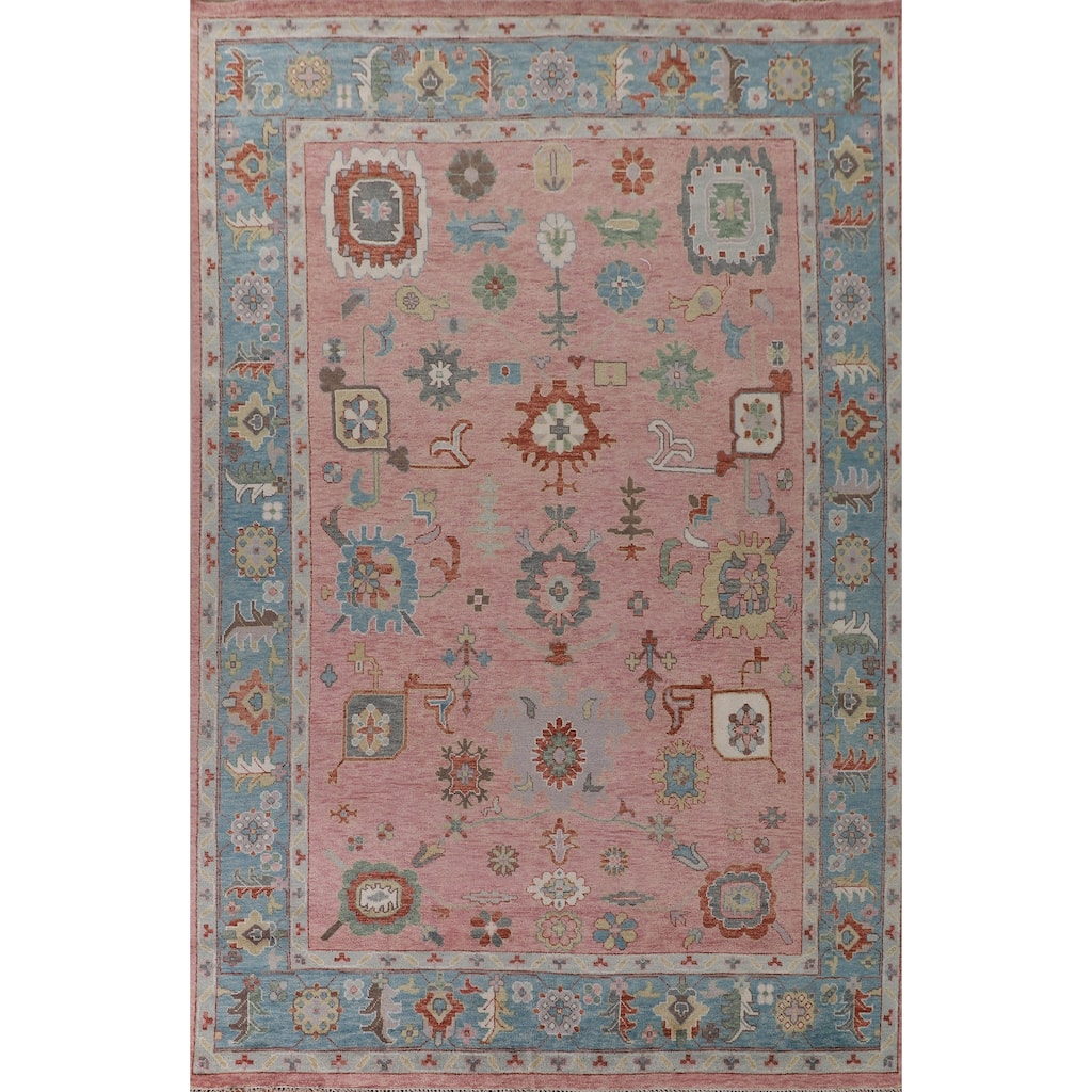 Pink Floral Oushak Oriental Large Area Rug Hand-Knotted Wool Carpet - 9'6" x 14'1"