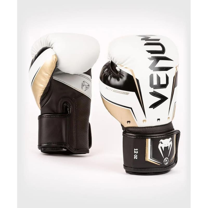 Venum Elite Evo Hook and Loop Boxing Gloves - White/Gold