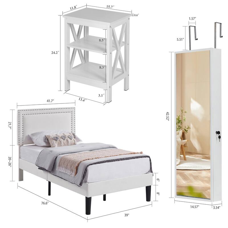 Javlergo 4 Piece White Bedroom Set Upholstered Bed with Adjustable Headboard 2 X Frame Nightstands Lockable LED Jewelry Cabinet