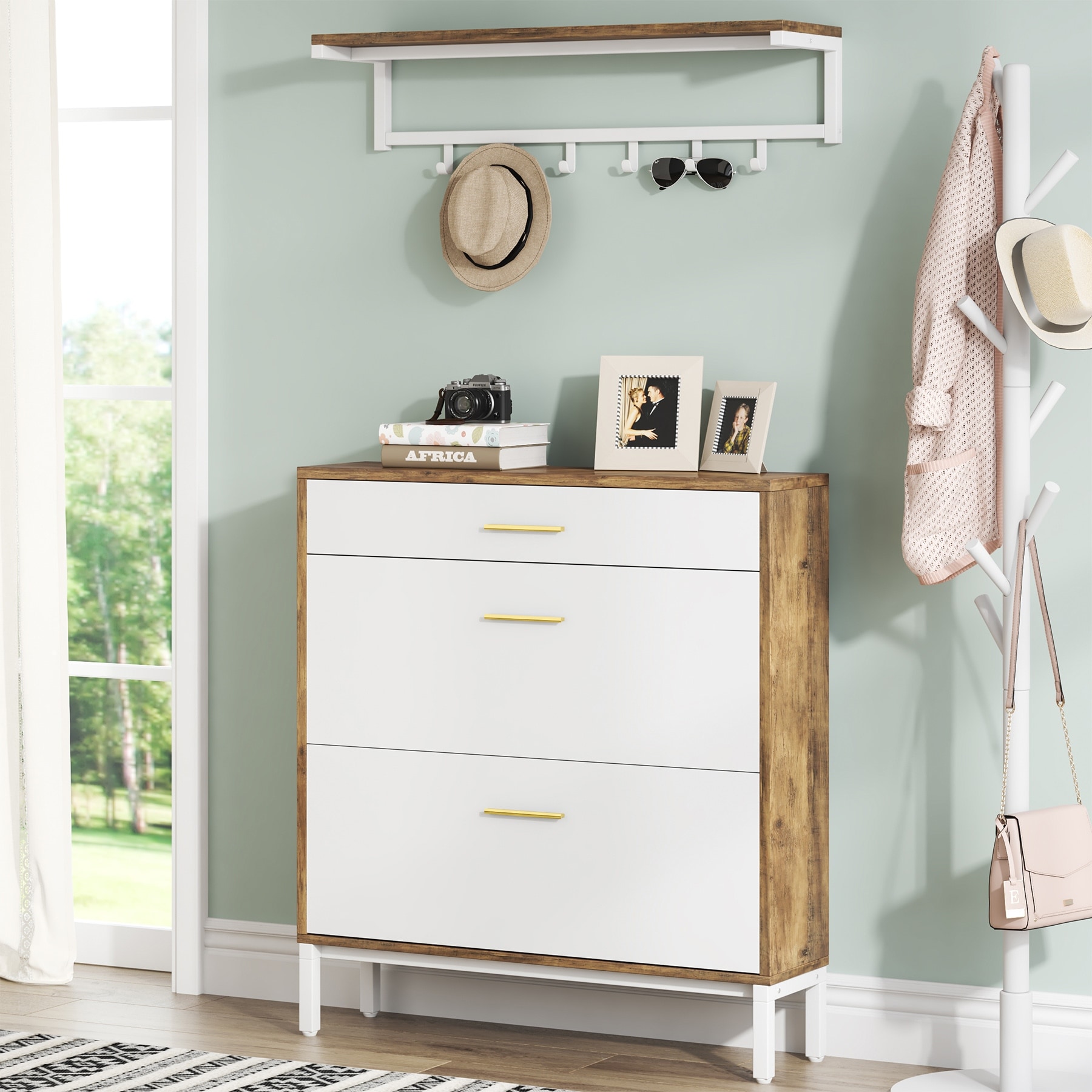 https://ak1.ostkcdn.com/images/products/is/images/direct/1e0cfadc5f3421bba83fb2f26558c9f5e204a0a2/White-Flip-Drawer-Shoe-Cabinet-%26-Wall-Mounted-Coat-Rack-Set%2C-3-Drawers-Narrow-Shoe-Storage-Organizer.jpg
