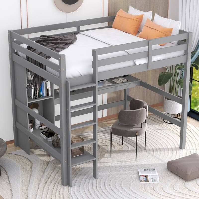 Full Size Loft Bed with Multifunction Shelves and Under-Bed Desk, Solid ...
