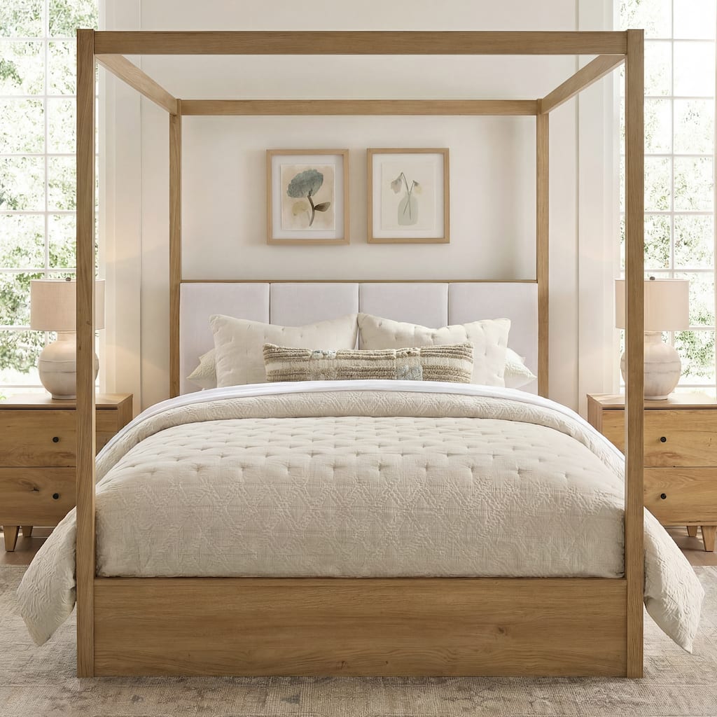 Modern Queen Canopy Bed Frame with Upholstered Headboard, Solid Wood 4 Poster Bed, No Box Spring Needed for Bedroom