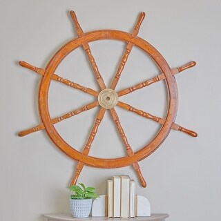 Brown Wood Ship Wheel Sail Boat Wall Decor with Gold Hardware