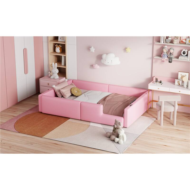 Roomfitters Twin Size Upholstered Floor Bed with USB Charging Ports and High Guardrails, Modern Padded Bed Frame