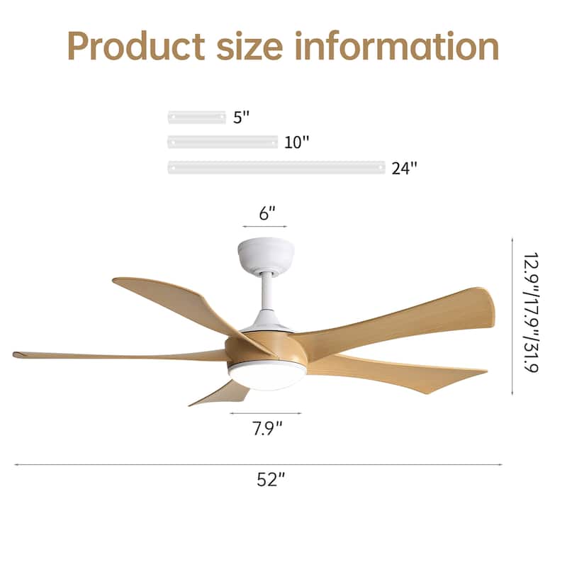 6-Speed Remote Control Wood Ceiling Fan with Dimmable LED Light & Time Function, Reversible DC Motor