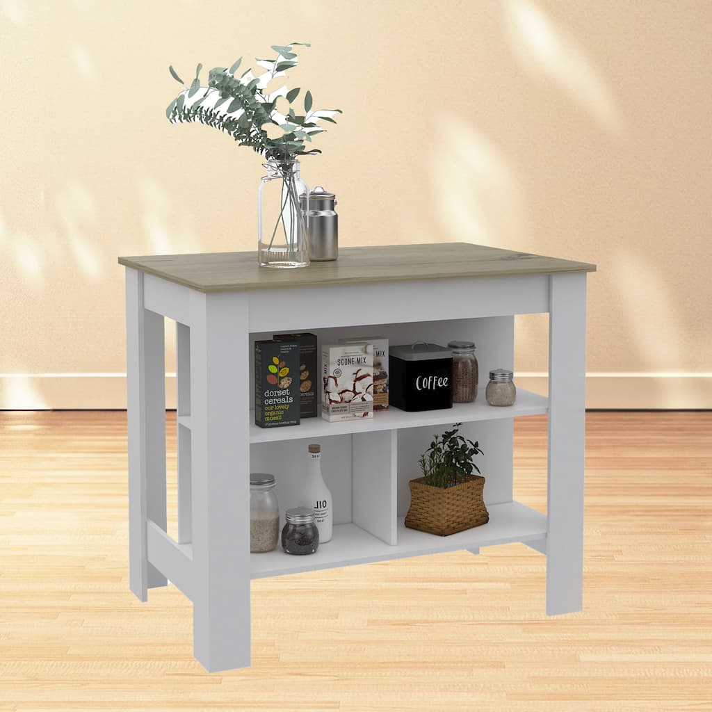 Dozza Antibacterial Kitchen Island with 3 Storage Shelves, Silver Nanoparticles Protection, Light Oak/White