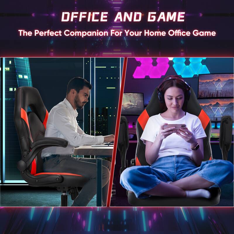 Ergonomic Gaming Office Chair, Adjustable PU Leather Executive Desk Chair with Flip-Up Armrests & Lumbar Support
