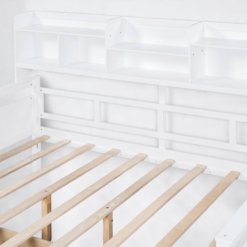 Wooden Twin/Full Daybed with 2 Storage Drawers and Bedside Shelves, No Box Spring Needed, Modern Design