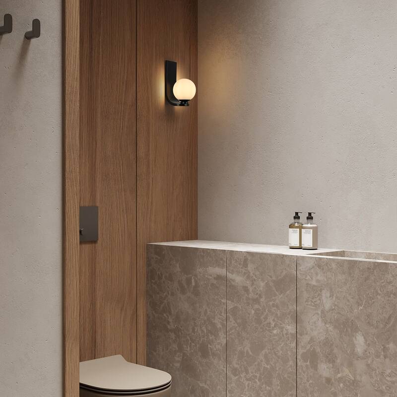 11.8" H 1-Light Modern Farmhouse Black J-Shaped Wall Mount Lighting with Opal Glass Globe Shade