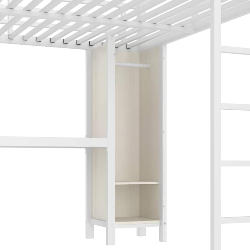 Metal Queen Size Loft Bed with L-shaped Desk,Storage Cubes and Shelves