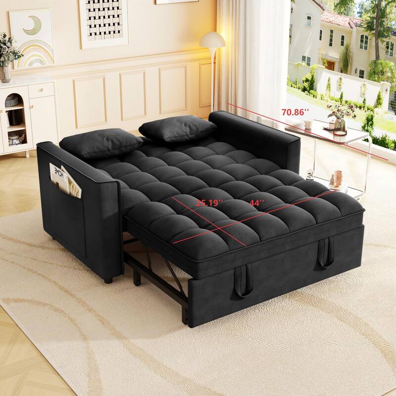 Velvet Convertible Sofa Bed with Pockets, Loveseat Sleeper Sofa Couch with Pull-Out Couch and Wood Frame