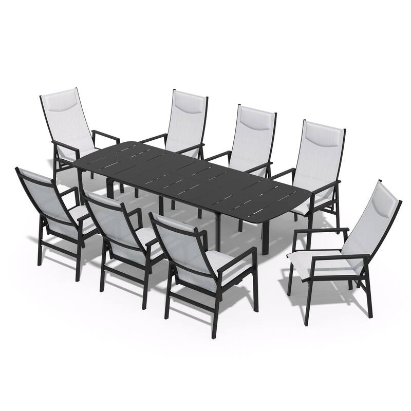 9-Piece Set Outdoor Extendable Patio Dining Table with Pneumatic Adjustable Folding Dining Chairs