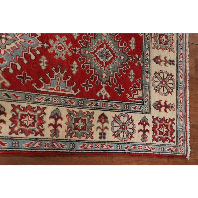 Geometric Red Kazak Rug Hand-Knotted Bedroom Wool Carpet - 4'10" x 6'9"
