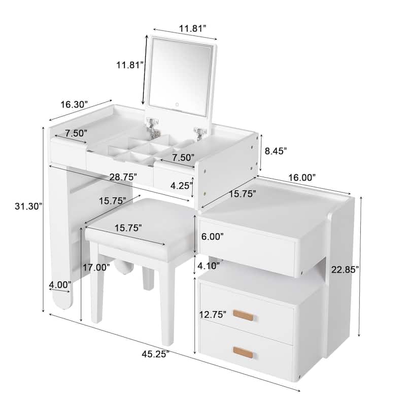 3-in-1 Makeup Vanity Desk with Flip-Top LED Mirror, Retractable Side Cabinet, Storage Drawers & Stool