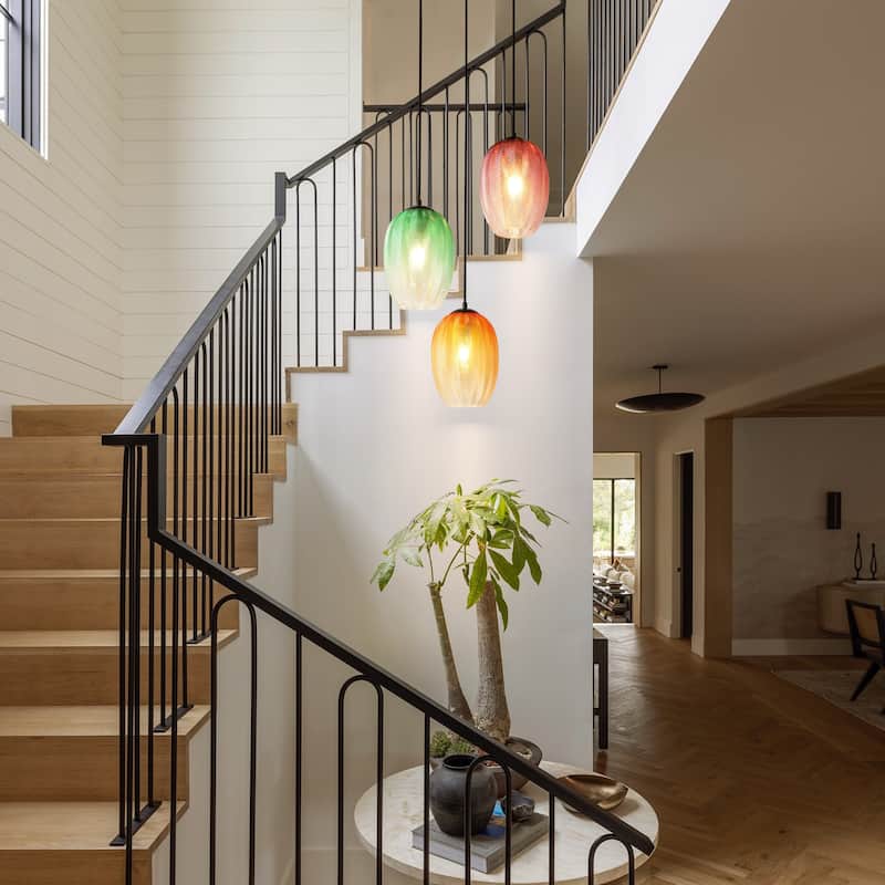 1/3-Light Modern Black Cylinder Colored Textured Gradient Glass Pendant Light for Kitchen Island or Stairway