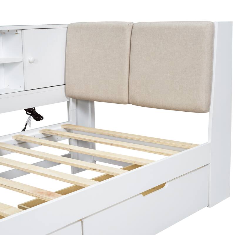 L-shaped Daybed Wooden Corner Sofa Bed Frame with Sliding Doors Bookcase Captains Bed, Upholstered Headboard Built-in Storage