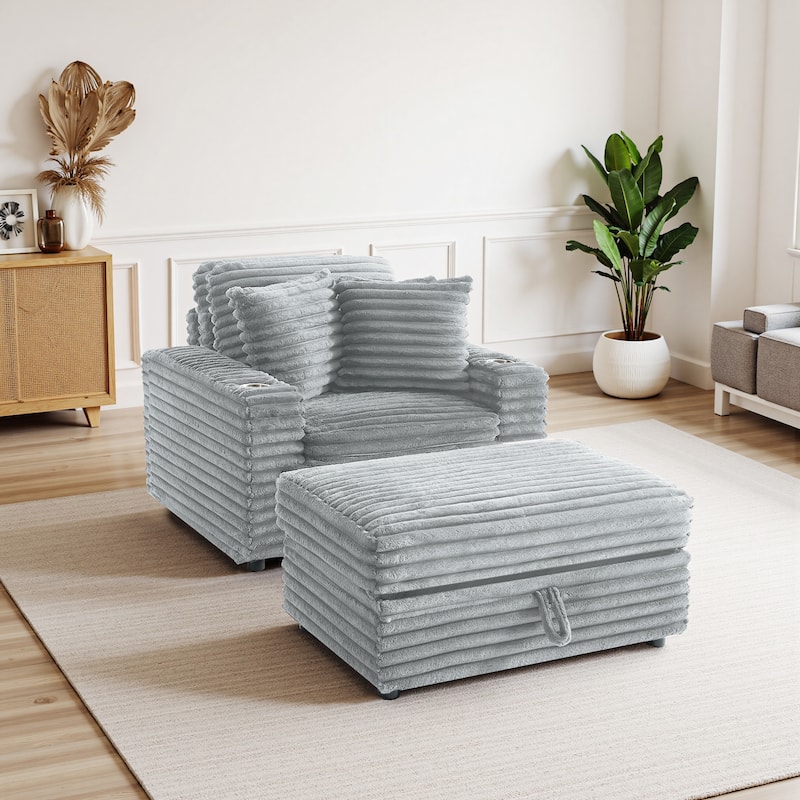 Oversized Cotton Flannel Chaise Longue with Storage Ottoman - Gray