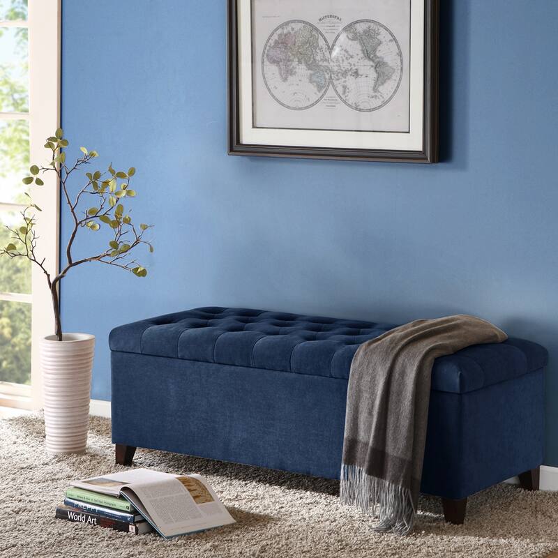 Mid-Century Modern Upholstered Storage Bench with Tufted Top - Perfect for Stylish Interiors - Navy