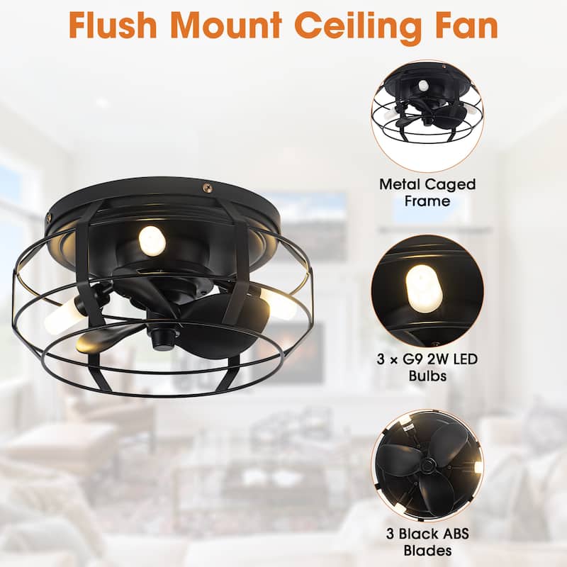 Industrial 3-Light Metal Caged Low Profile Ceiling Fan with Light