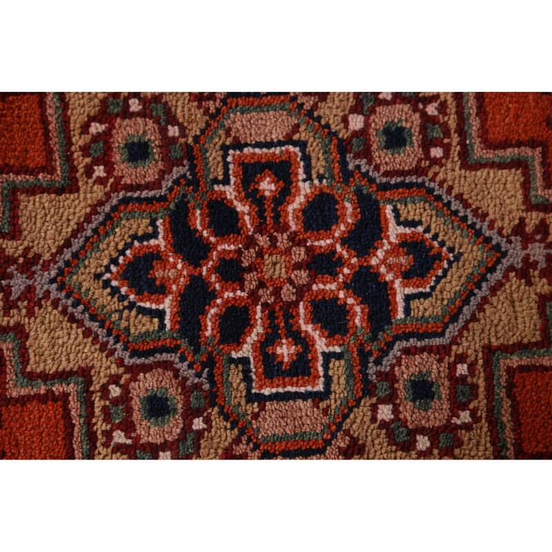 Hand Knotted Oriental 100% Wool Carpet Traditional Geometric Oranges & Rust Heriz (serapi) Runner Rug - 11' 8'' X 2' 6''