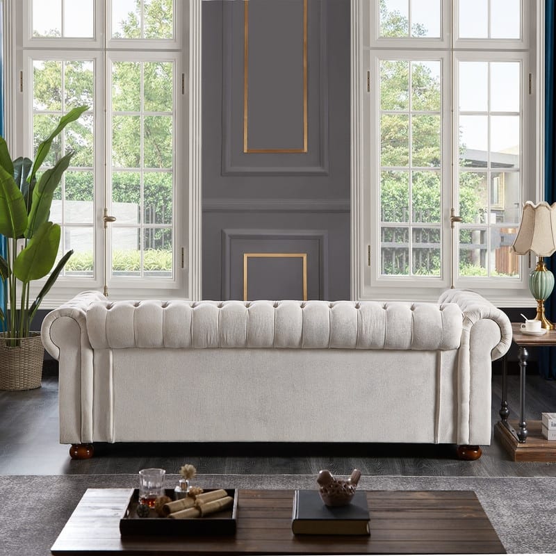 Classic Chesterfield 3 Seater Sofa Upholstered Tufted Back Couch,Linen Fabric,Beige