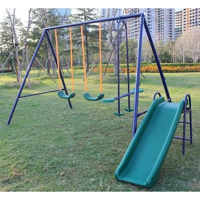 Roomfitters A-Frame Metal Swing Set with Slide for Backyard Play, Durable Outdoor Fun for Kids, Blue
